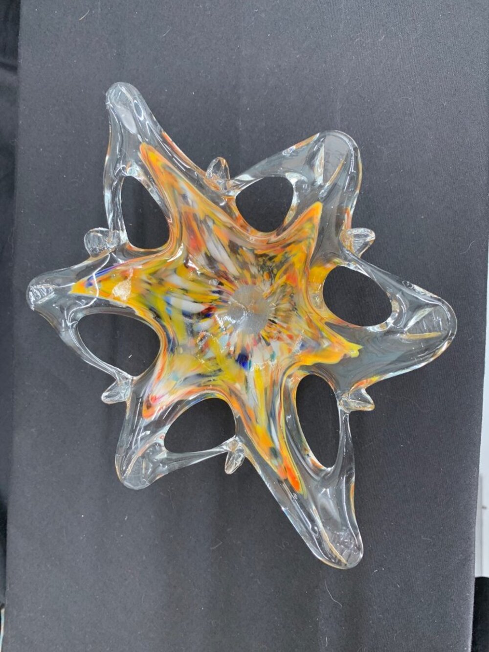 Handcrafted Murano Style Art Glass Bowl With Multicolor Swirls & Clear Sculpted